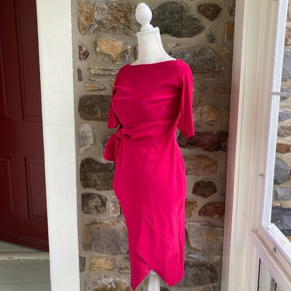 CHIARA BONI LA PETITE ROBE Mimmaly Side-Knot Sheath Faux Wrap Dress FUSCHIA $695 - Picture 6 of 12